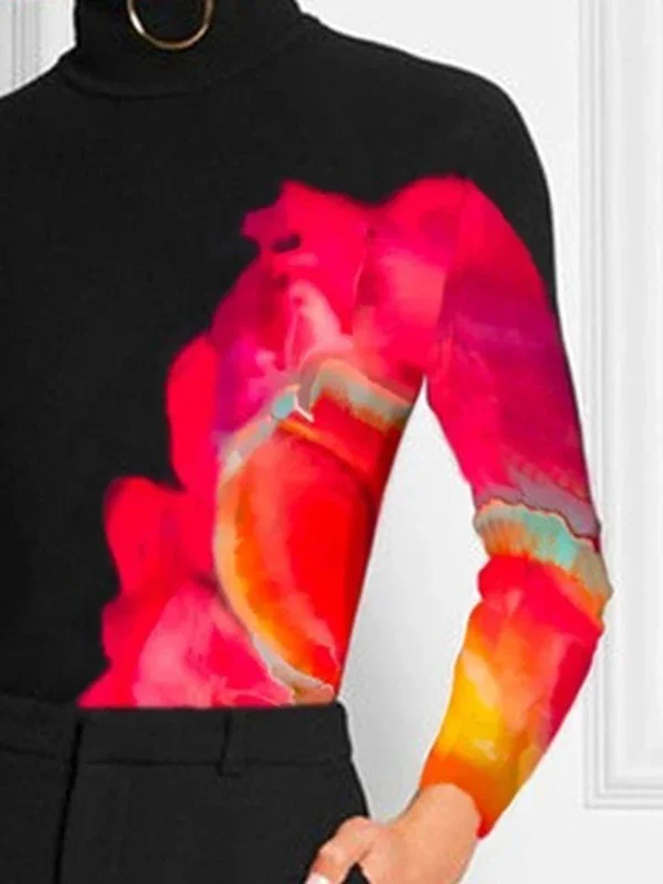 Bohohipei 2024 Latest Casual Basic Tops Women Fashion Contrast Color Printed Spring Autumn Long Sleeve High Neck Skinny T-Shirts