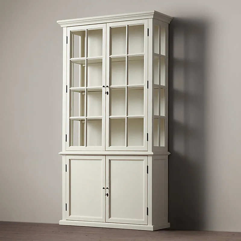Solid wood double-door bookcase dining side cabinet villa model room storage cabinet living room glass door display cabinet