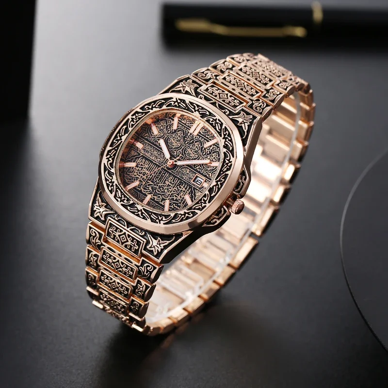 Fashion Luxury Brand High Quality Men Quartz Watches Vintage Flower Pattern Carving Wristwatch Full Stainless Steel Relogio Saat