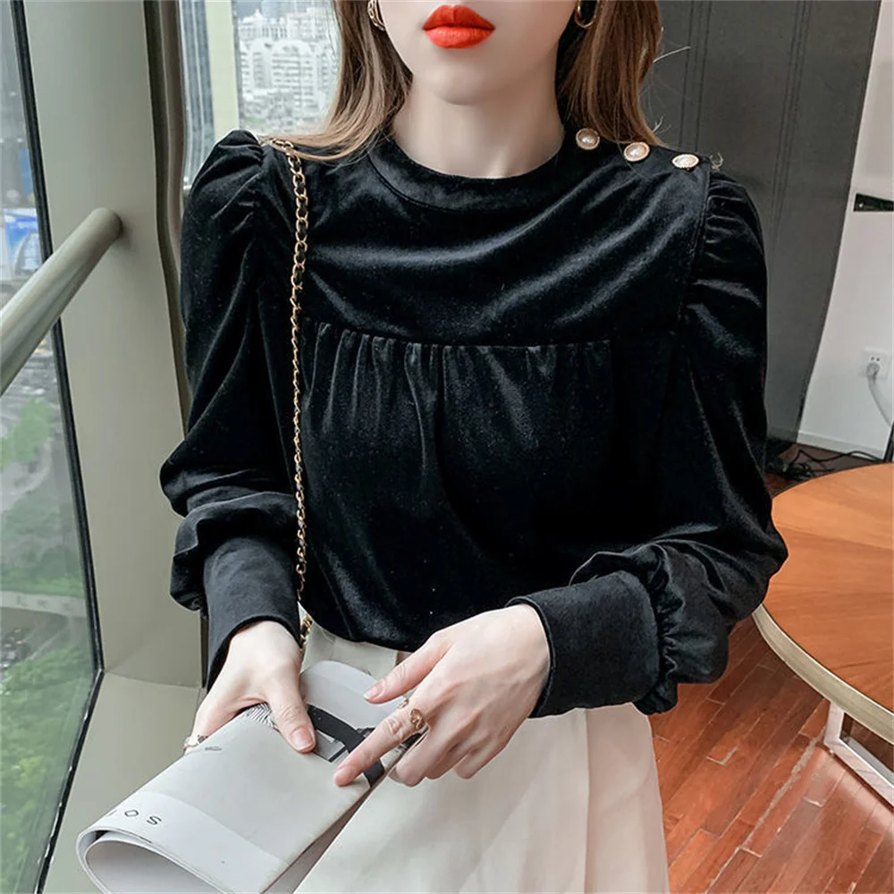 Autumn winter women blouse velvet shirts tops vintage long-sleeved bow ruffled blouses casual loose ladies tops female clothes