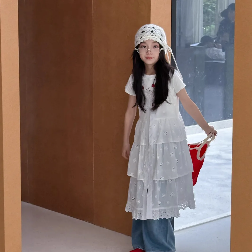 

Girls Skirt 2025 Summer New Childrens Clothing Korean Style Girl Baby Embroidery Lace Fold Wear Halter Skirt Casual Simple Daily