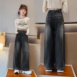 2024 New High Quality Girls Jeans Vintage Denim Wide Leg Pants Kids Clothing Children Casual Solid Trousers For Teenager Clothes