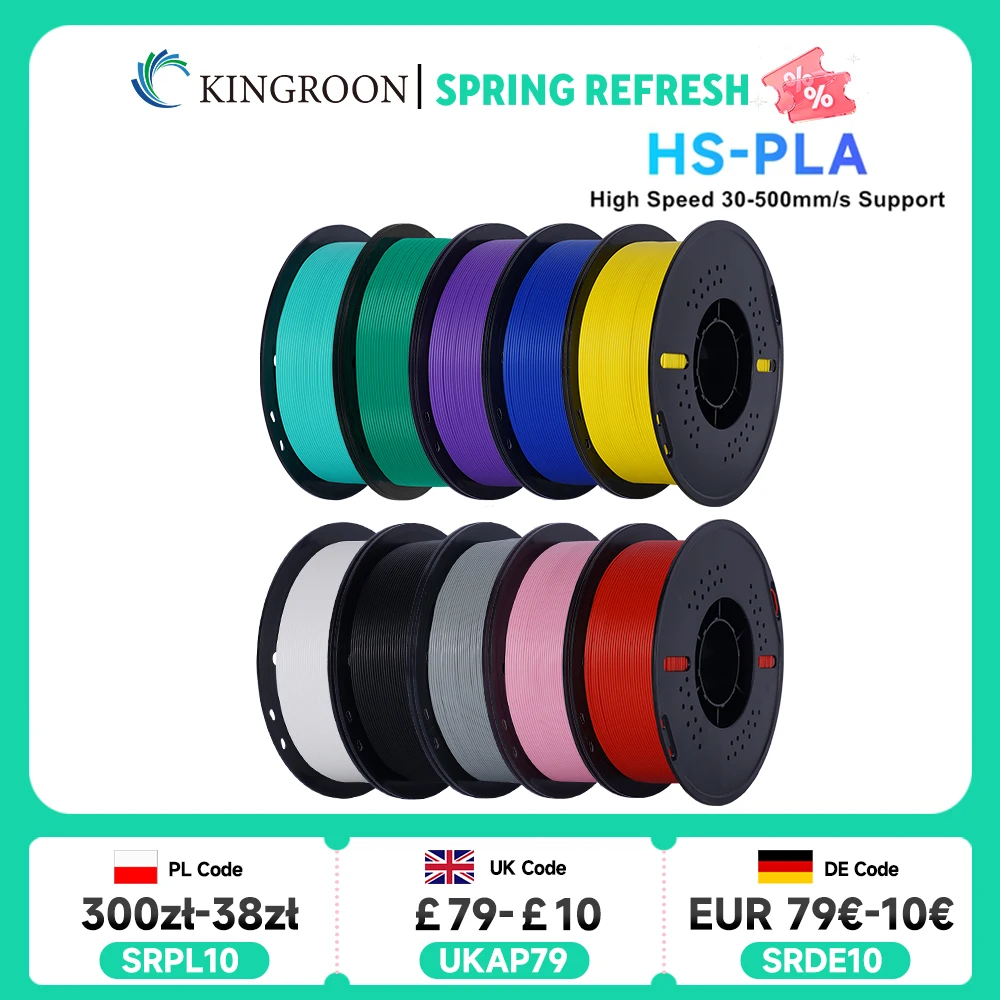 

KINGROON High Speed PLA Filament 1.75mm New HS-PLA 3D Printer Filament For 30-500mm/s Fast Printing Rapid PLA 5kg 10kg Mix Color