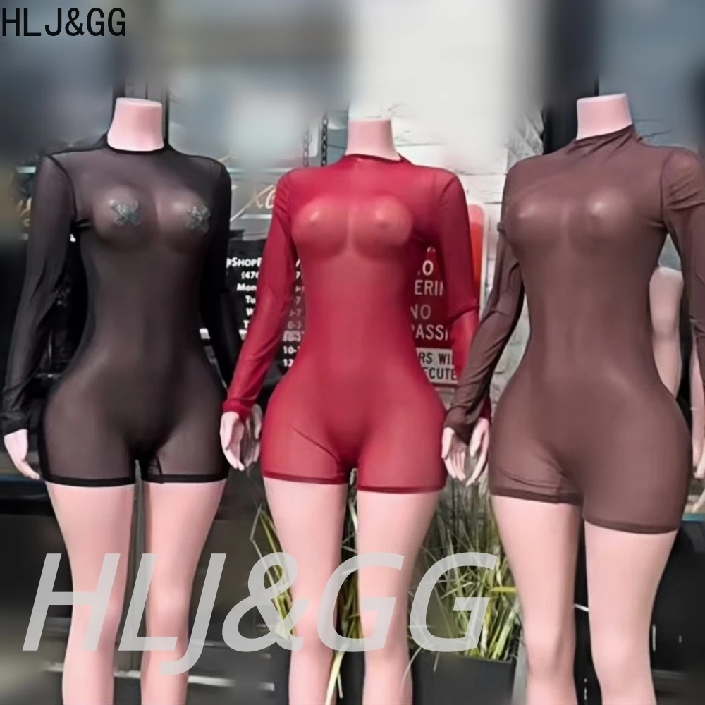 

HLJ&GG Sexy Mesh See Through Stretchy Bodycon One Piece Rompers Women O Neck Long Sleeve Nightclub Party Jumpsuits Hot Playsuits