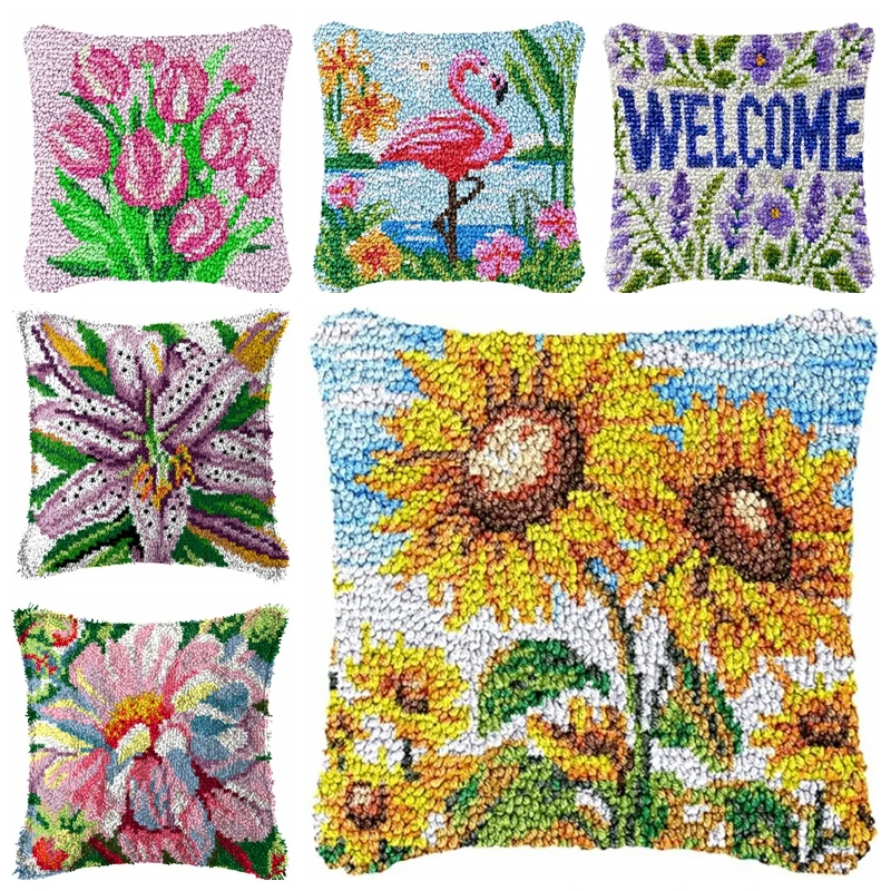 Sunflower & Mandala Latch Hook Kits Smyrna Pillowcase Knot Pillow Package Plant Latch Hook Set For Needlework Embroidery Cushion