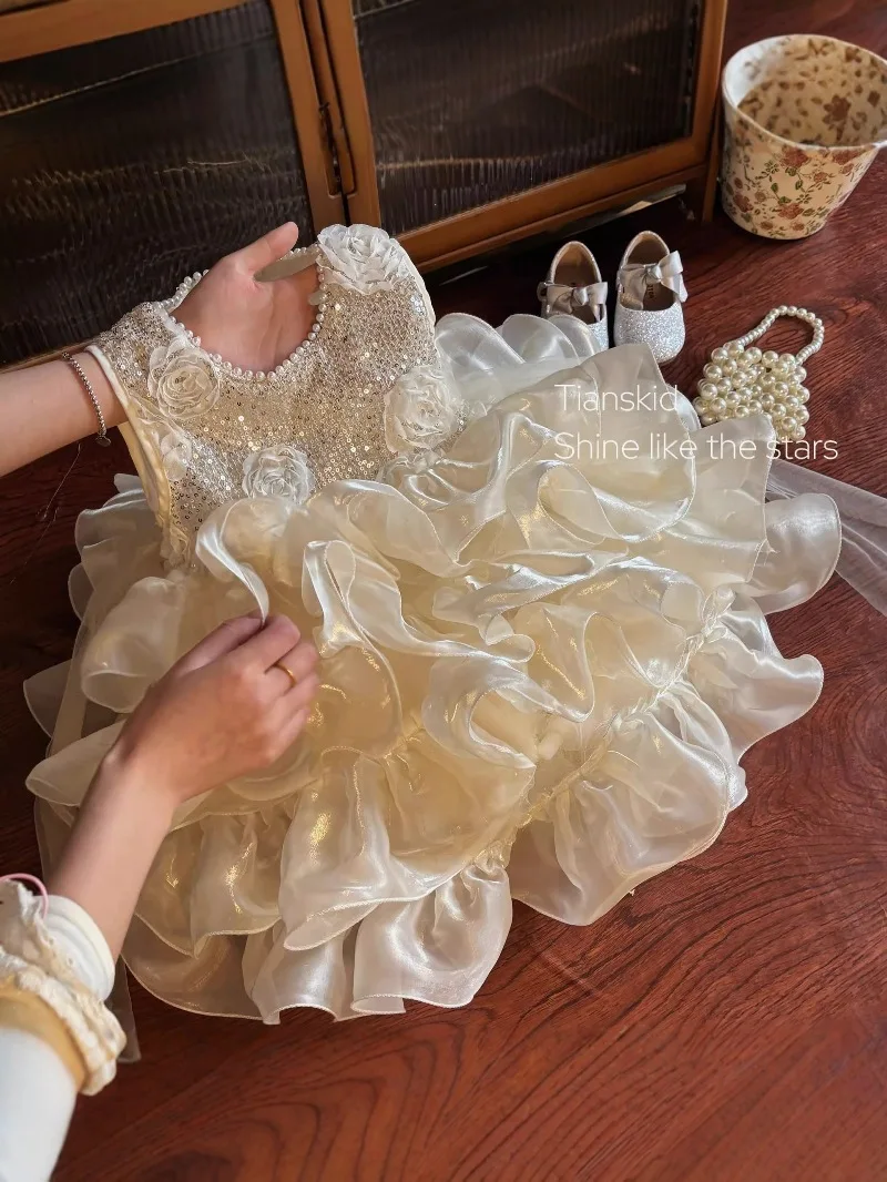 Champagne Girls Sequin Birthday Party Dress Children Pearl Ruffle Layered Tutu Dress Kids Bow Princess Wedding Party Dress
