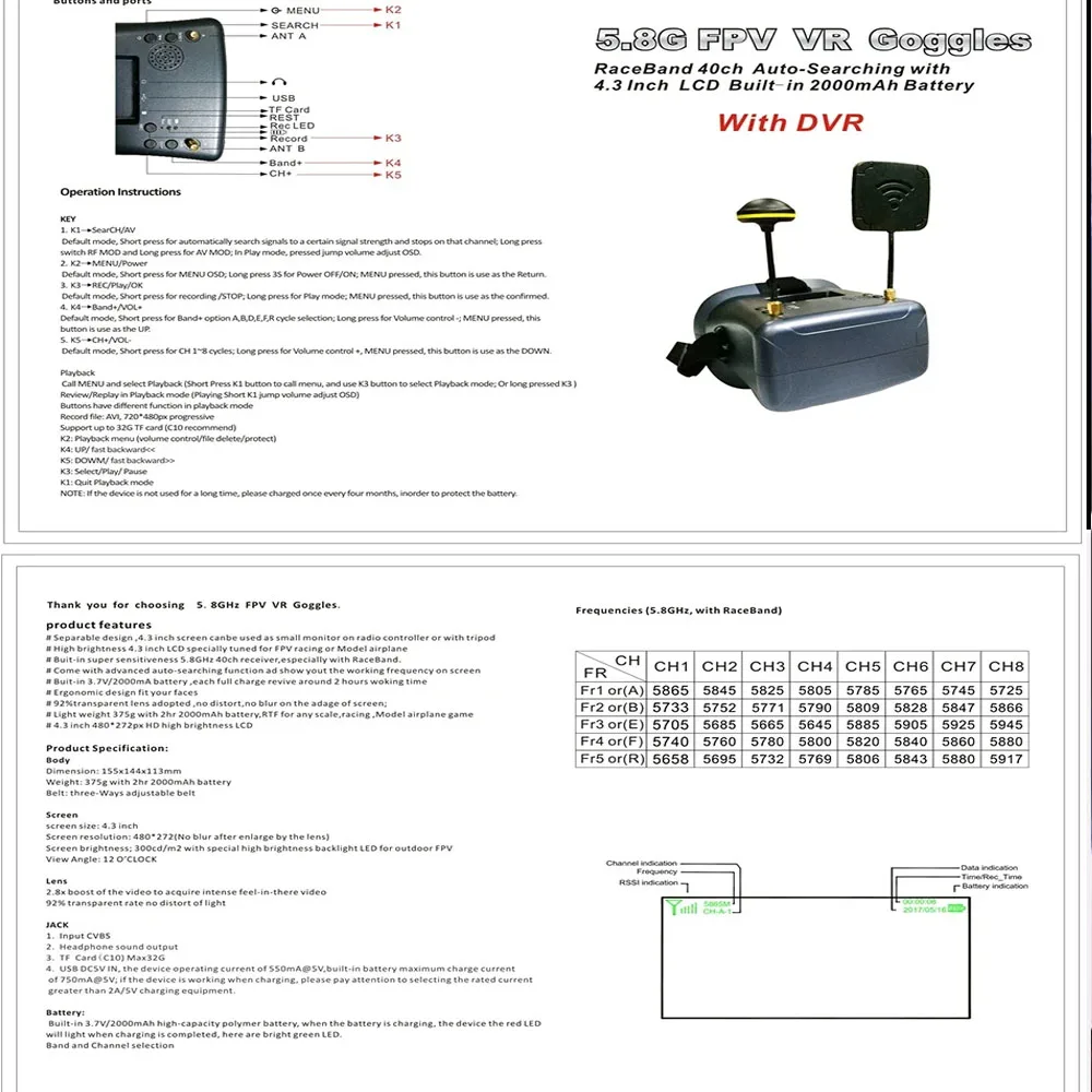 

Очки FPV 5,8G LS-008D (LS008D) — 4,3 дюйма, 40 каналов, двойная антенна DVR, встроенный аккумулятор для гоночного дрона на радиоуправлении, шлема FPV