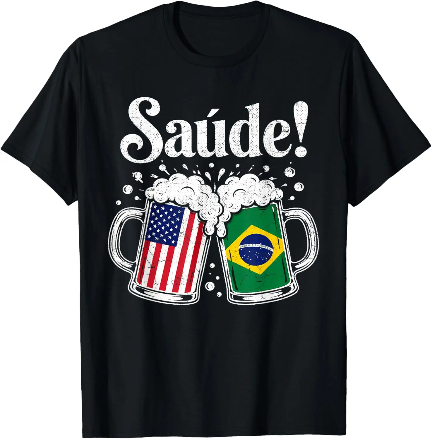 Saude Brazilian Pride Brazil Flag Brasil Beer Drinking Men T-Shirt 100% Cotton Trendy Y2K Short-Sleeve Tee-Soft, Quick-Drying,