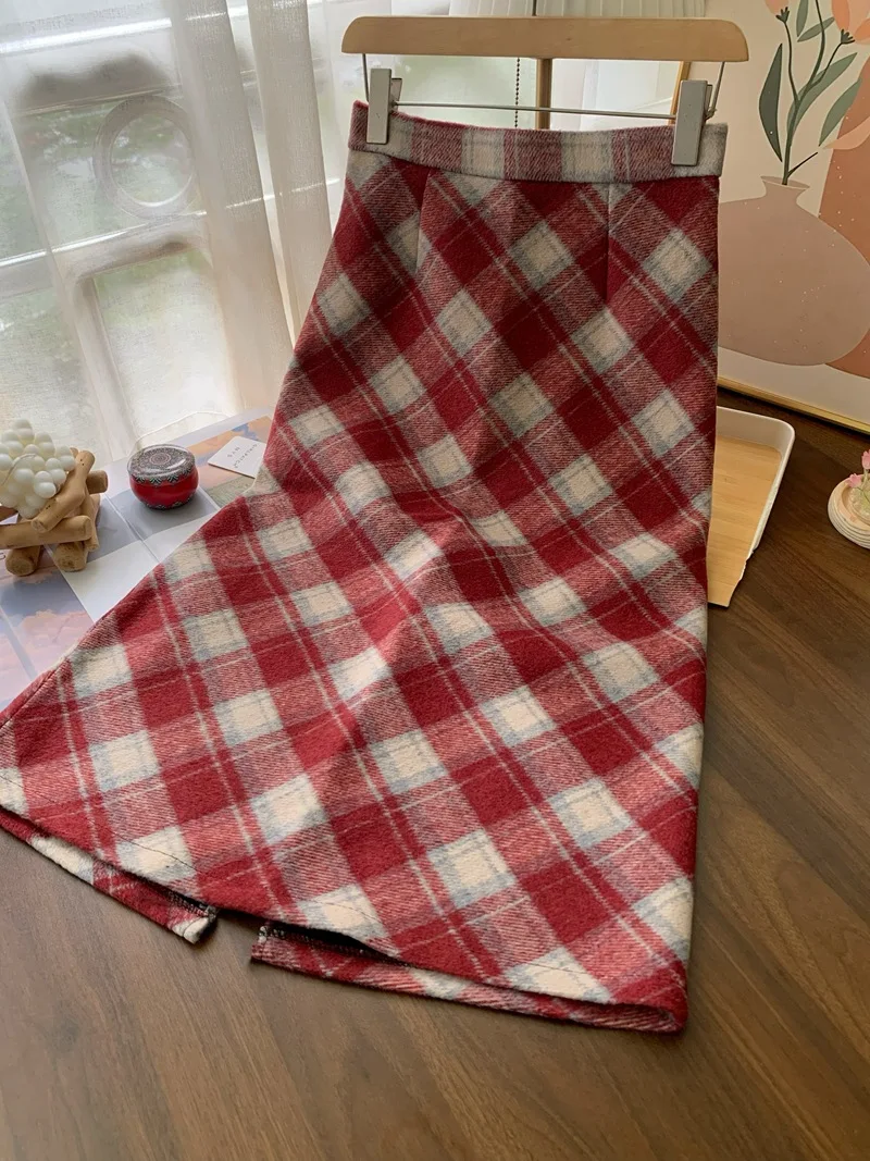 

2024 Autumn Winter Plaid Print Long Midi Women's Skirt Elegant High Waist Wrap Bandage Party Vintage Skirts