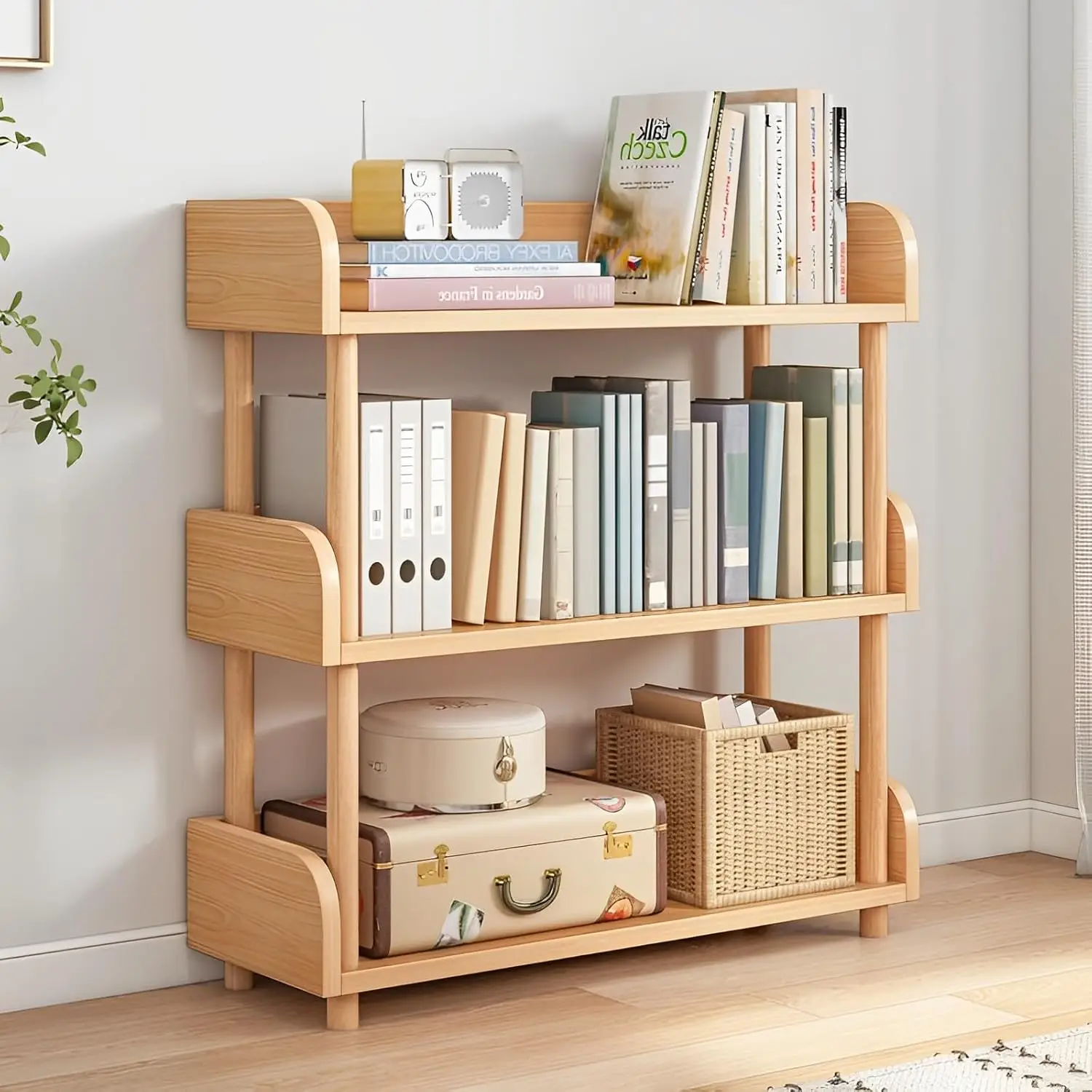 

3-Tier Wooden Open Bookcase - Modern Display Bookshelf with Top Edge and Solid Wood Frame for Home and Office