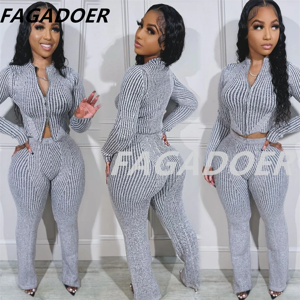 FAGADOER Autumn New Knit Casual 2 Piece Set Outfit Women Solid Zip Slim Crop Top and Flare Pants Suit Female Streetwear Clothing