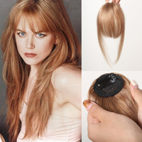 Golden Brown Human Hair Pieces for Women Clip In Bangs Fringe with Temples Hair Pieces 12 Inch Clip on Hair Extension Daily Wear