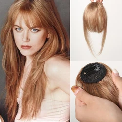 Golden Brown Human Hair Pieces for Women Clip In Bangs Fringe with Temples Hair Pieces 12 Inch Clip on Hair Extension Daily Wear