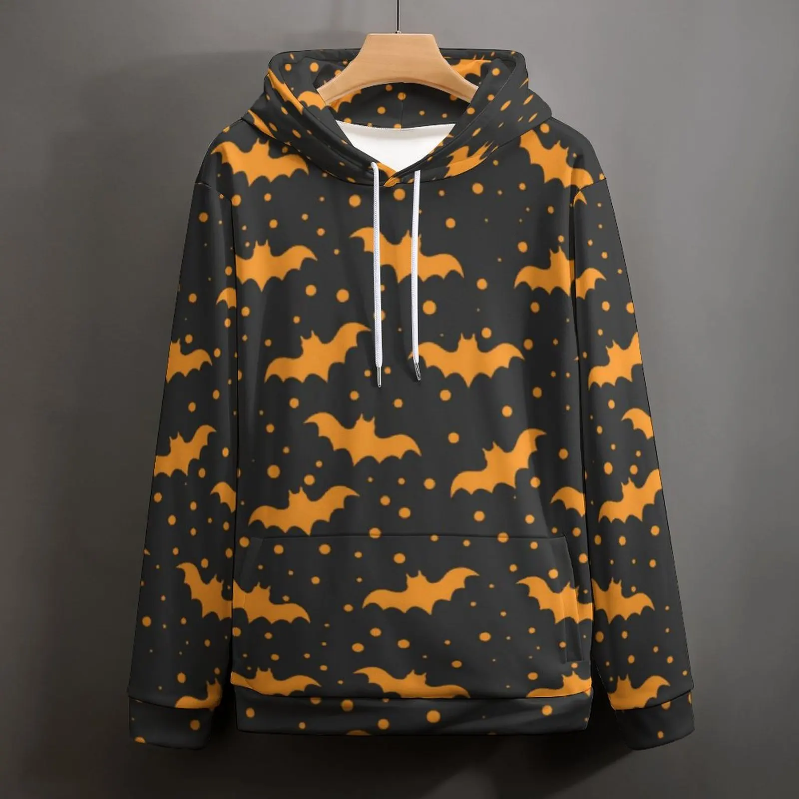 Sudaderas con capucha informales con estampado de murciélagos naranjas, Sudadera con capucha suelta de diseño Y2k de Halloween negro, Tops de gran tamaño de Hip Hop de manga larga de primavera