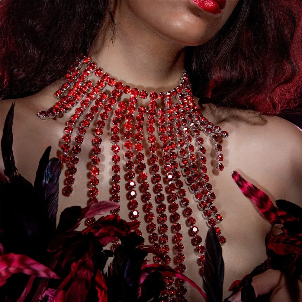 Colar de borla longa de strass vermelho brilhante elegante, colar de strass europeu e americano, acessório moderno