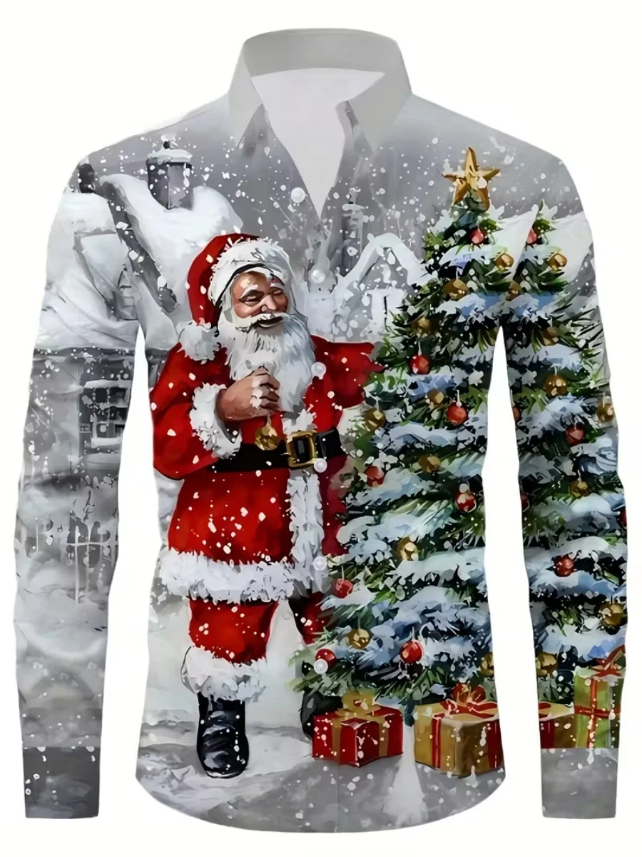 

Christmas Men's Shirt with Buttons, Long Sleeve, Fun Outdoor Holiday, Spring-Autumn, 3D Printed Collar Design, Quick Delivery