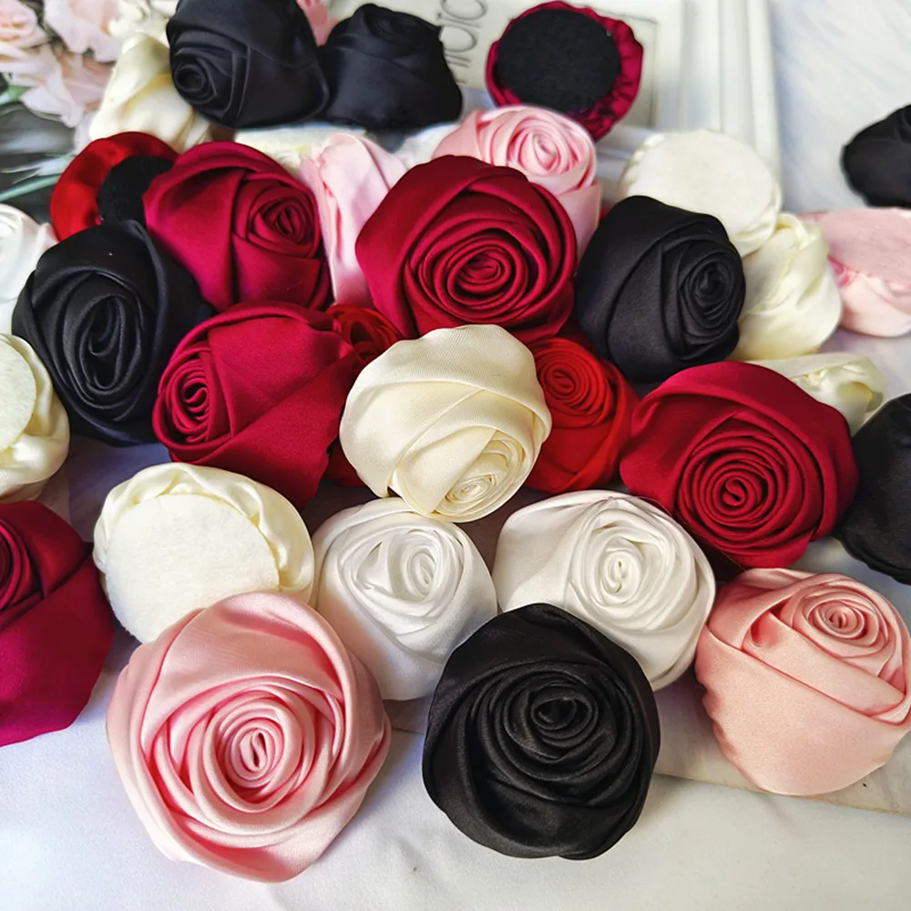 5Pcs 6.5CM/4.5CM/3CM Handmade Satin Fabri Rose For Diy Wedding Dress Hat Clothes Sewing Supplies Headwear Decor Corsage Floral