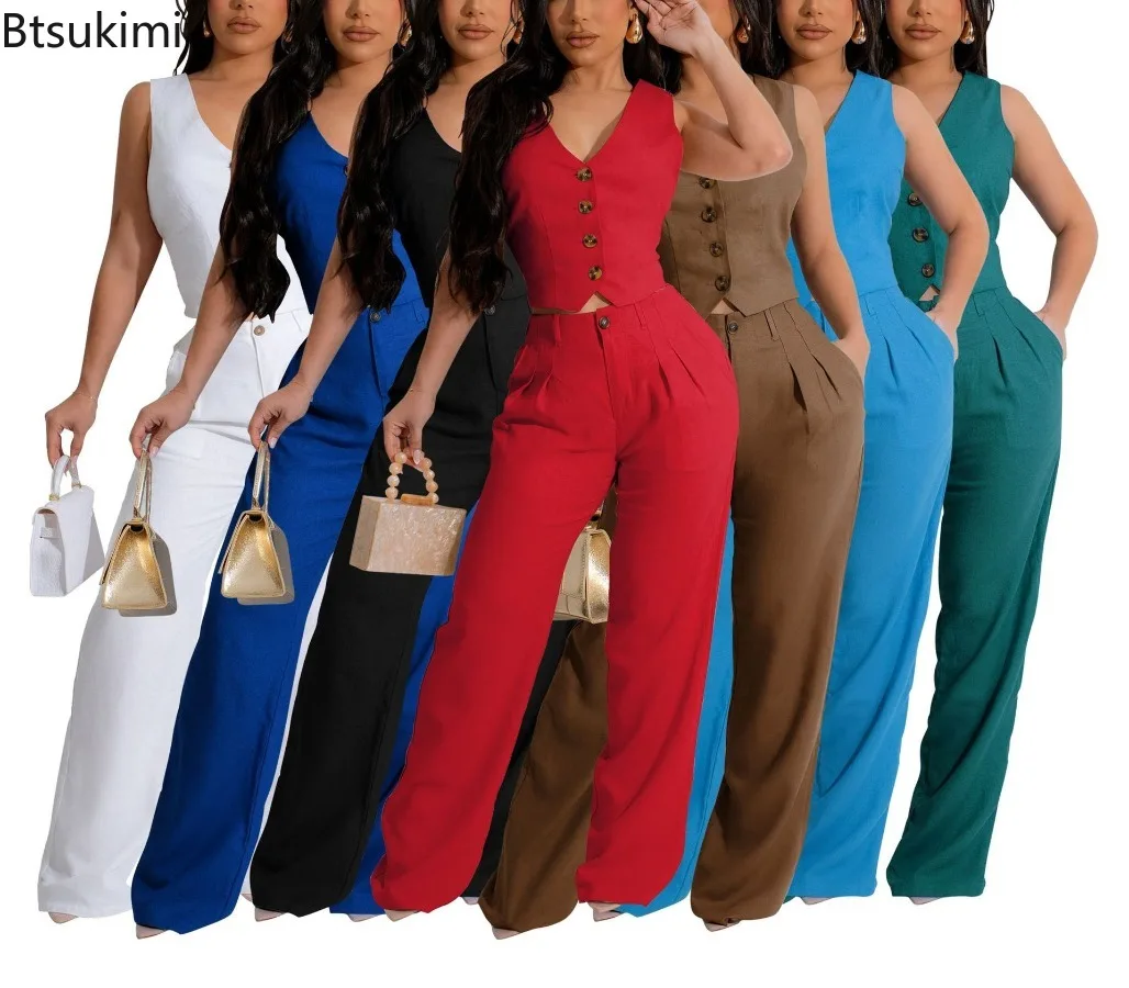 

2025 Women's Casual Cotton Linen Sleeveless Vest Top and Long Pant Sets Solid Spring Summer Office Business 2 Piece Outfits New