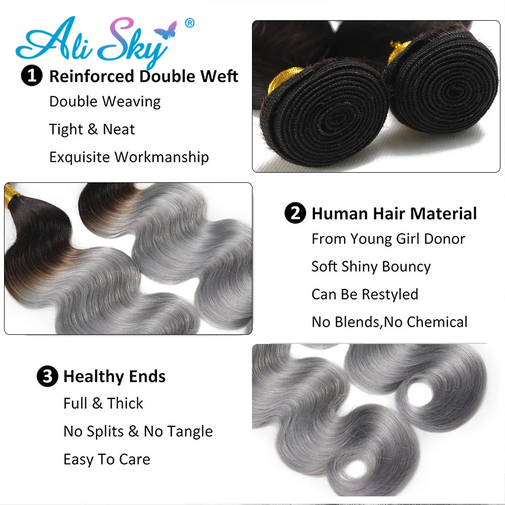 1B Silver Body Wave Hair Bundles Human Hair 1/3/4Bundles Wet And Wavy Remy Hair Weave Extension Two Tone Ombre Black To Grey