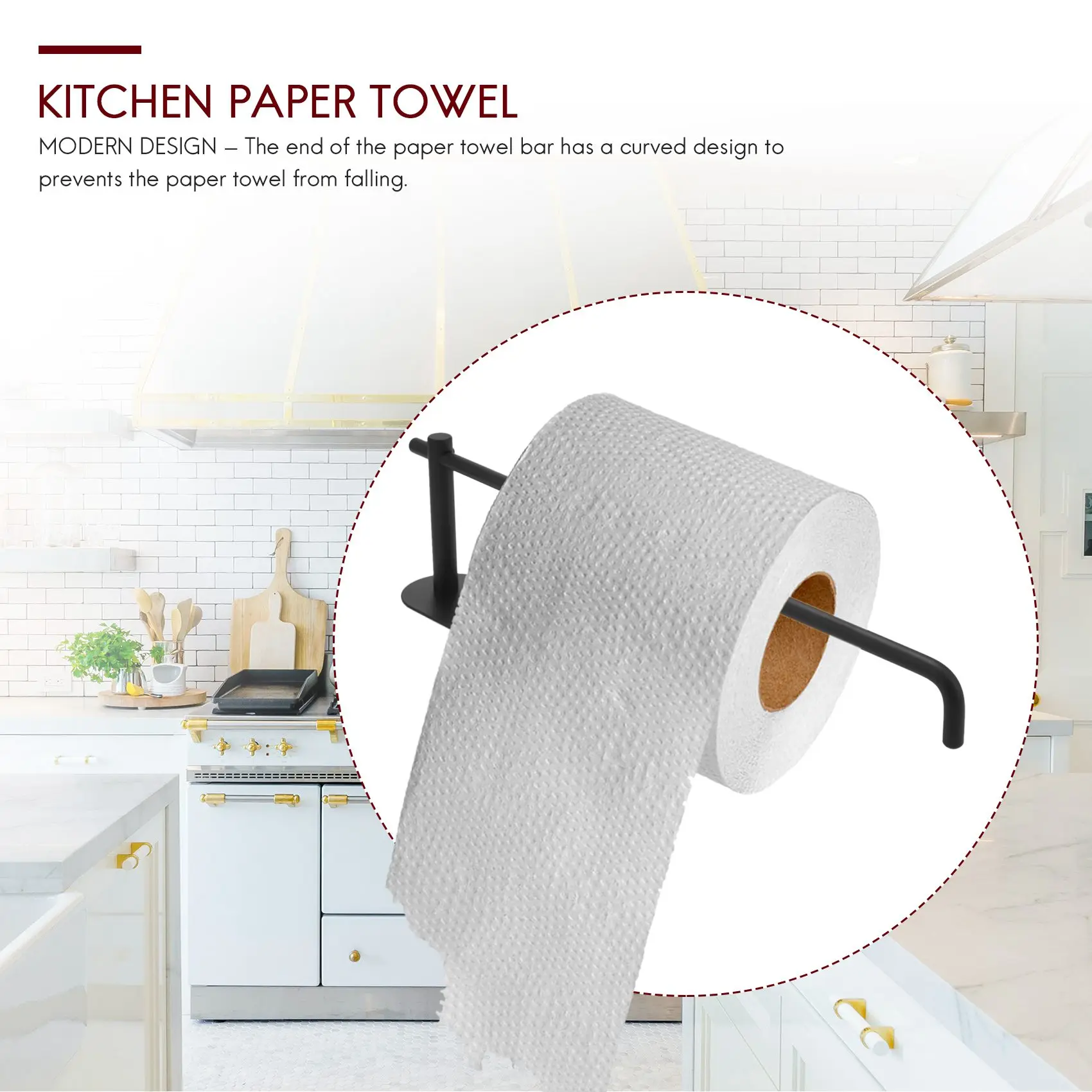 ABNM Paper Towel Holder Under Cabinet Mount For Kitchen Paper Towel, Adhesive Black Paper Towel Roll Holder Stick On Wall