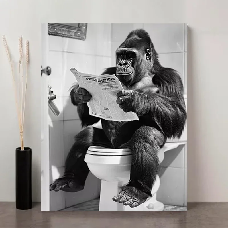 Multiple sizes 1pc frameless Canvas Painting,Funny Gorilla Reading Newspaper Bathroom Poster and Prints Canvas Painting Wall Art