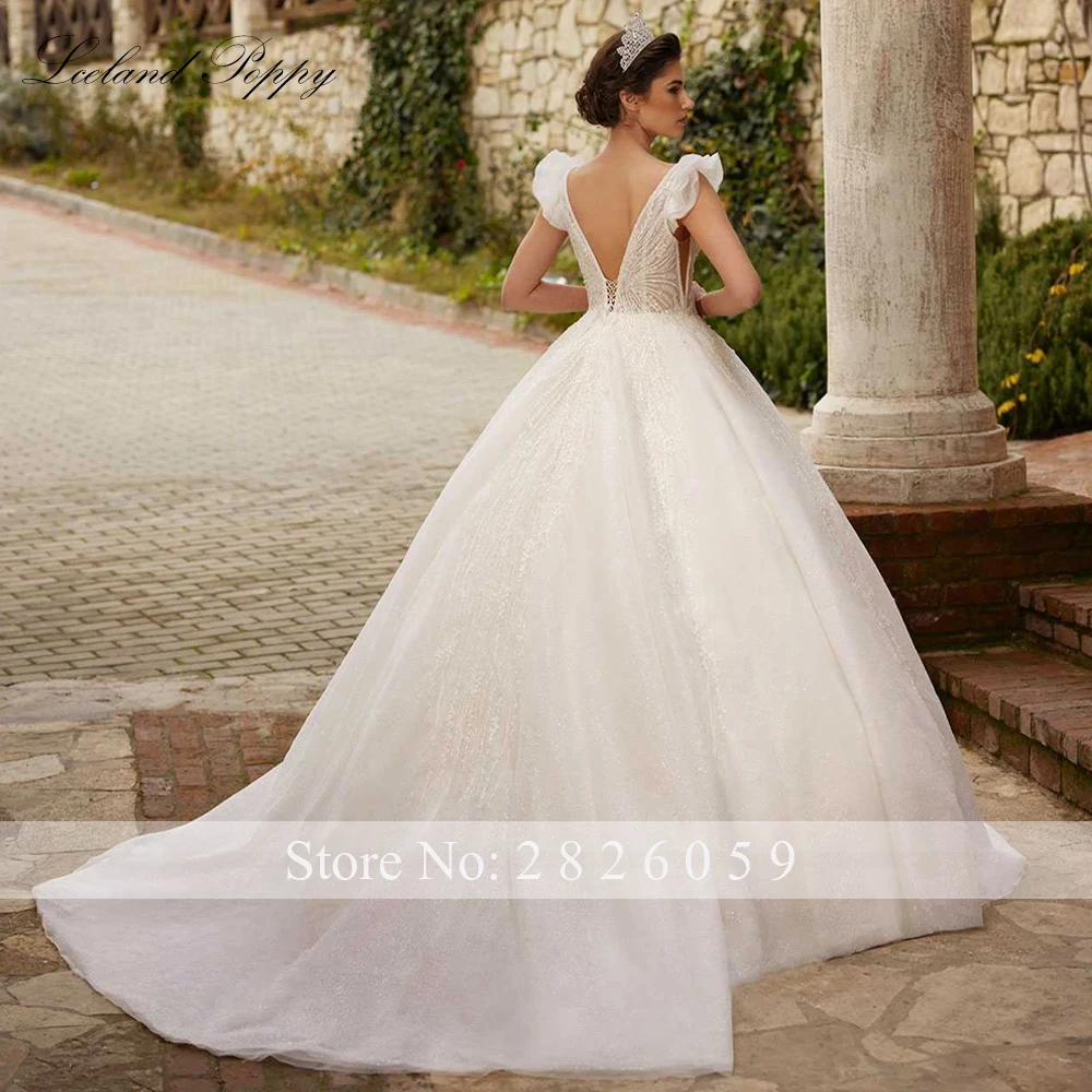 Lceland Poppy Customized V Neck Ball Gown Wedding Dresses Sleeveless Beaded Lace Bridal Gowns with Court Train