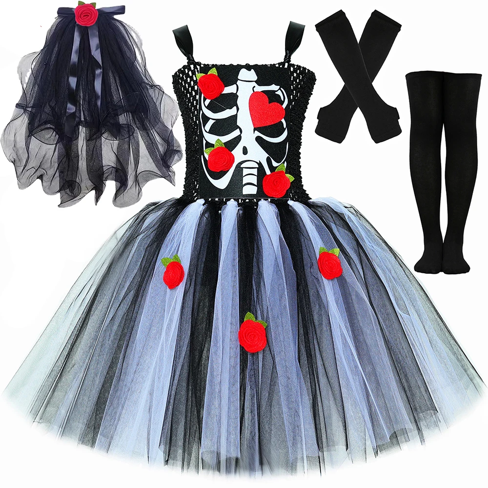 Spooky Rose Bride Halloween Costumes for Girls Scary Skeleton Ghost Fancy Tutu Dress Kids Carnival Party Horror Tulle Outfit