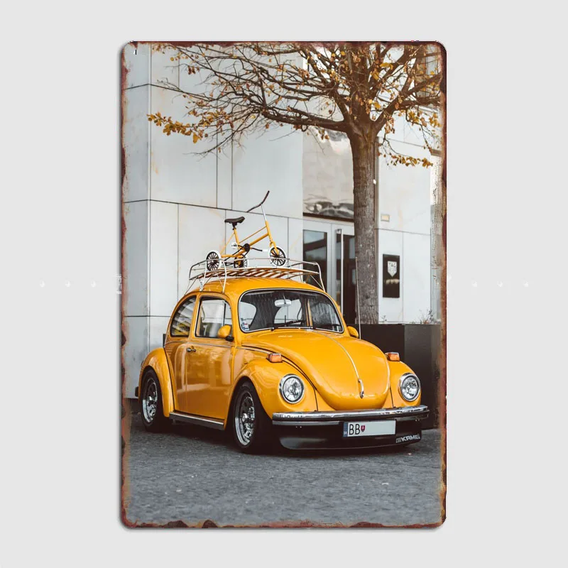 Yellow VW Beetle Compact Car Retro Classic Car Metal Poster Sign Custom Tin Wall Decor Club Garage Drawing Room Decor Home Decor