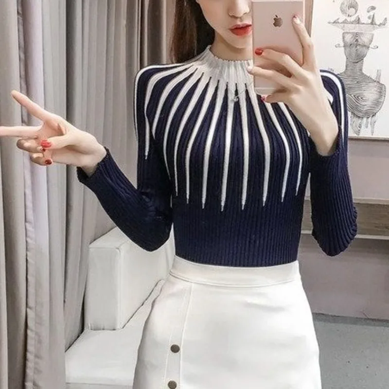 Autumn and Winter Women\'s Half High Collar Long Sleeve Slim Knitted Pullover Underlay All-match Fashion Casual Office Lady Tops