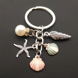 Cute Keychain Colorful Starfish Shell Conch Key Ring Beach Key Chains Sea Souvenir Gifts For Women Girls DIY Handmade Jewelry