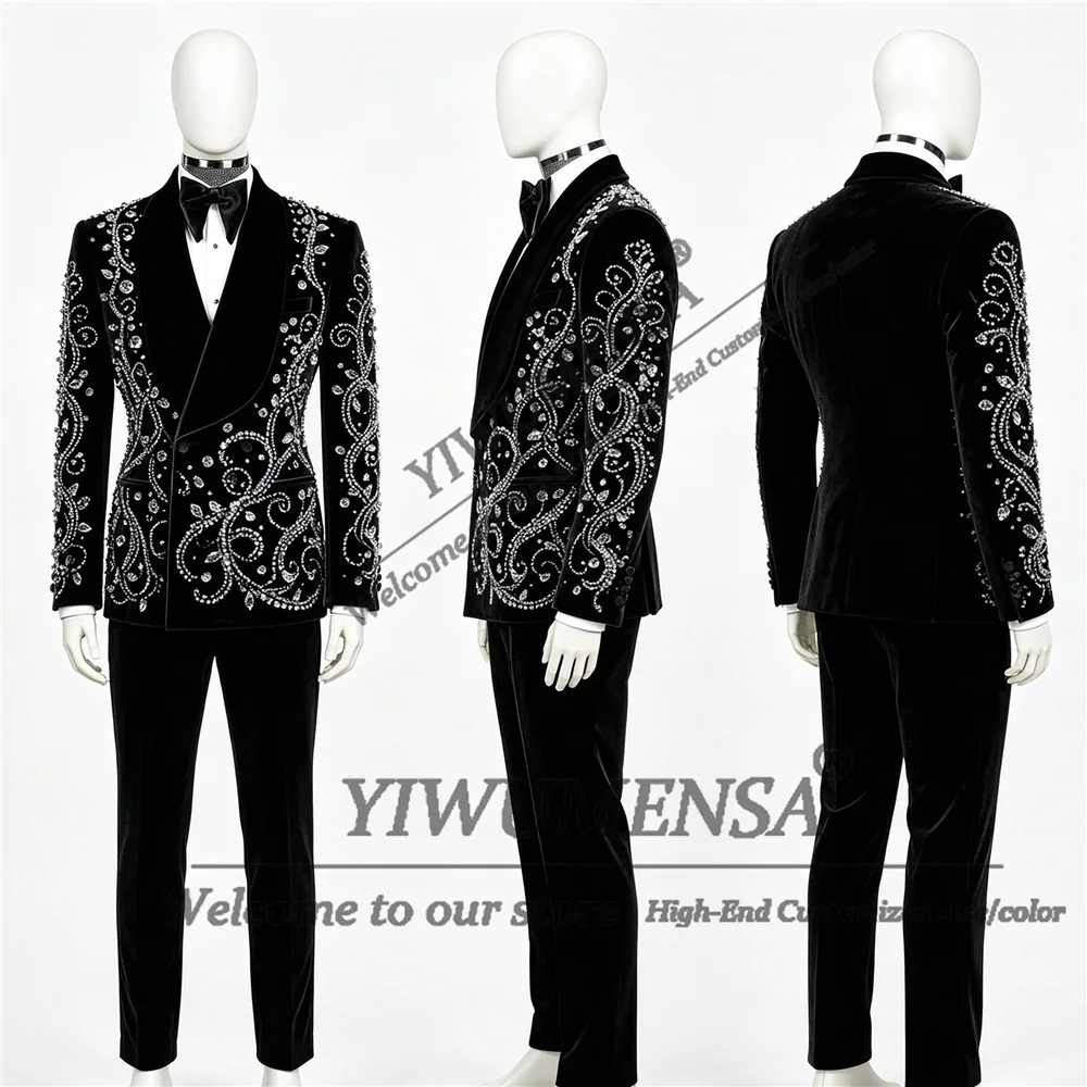 Luxury Groom Wedding Suits Sparkly Rhinestones Beaded Velvet Prom Blazers Customized 2 Pieces Sets Male Fashion Tuxedo Attires