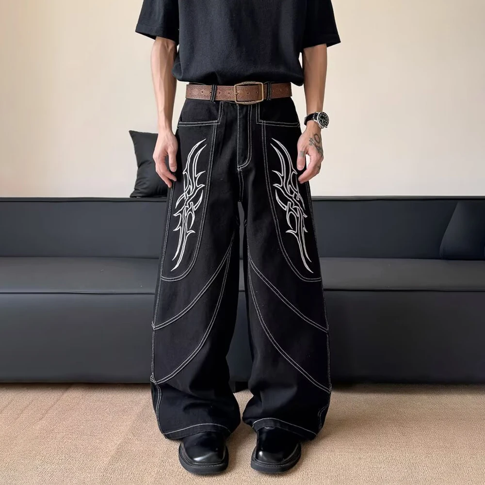 Summer New Men's Y2k Graphic Wide-Leg Straight Jeans American Retro Fashion Trend Street Hip-Hop Loose Niche Men's Bottoms