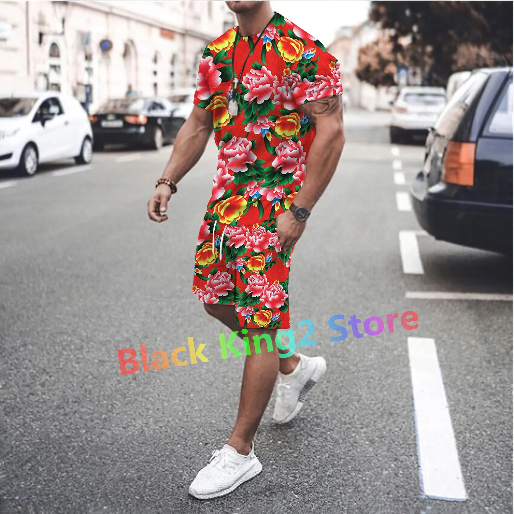 New Northeast Big Flower Design Clothing Chinese Style Men\'s Short Sleeve Suit Two-piece Set Women Tracksuit Trend Streetwear