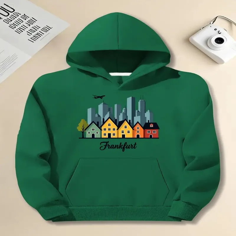 

Winter Fall Female Sweatshirt Oversize Women Clothes Plus Size Frankfurt City Modern House Plane Graphic Round Neck Fashionable