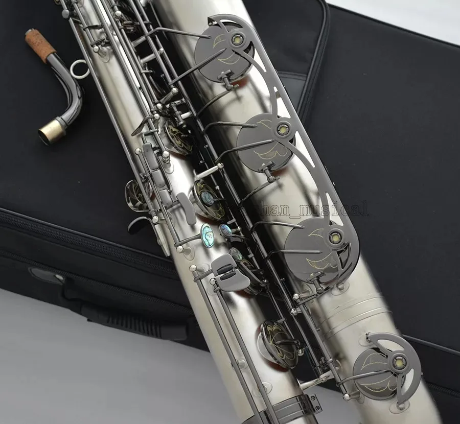 Prof Satin nickel Baritone Saxophone Black Key Eb Sax Abalone 2 Necks With Case