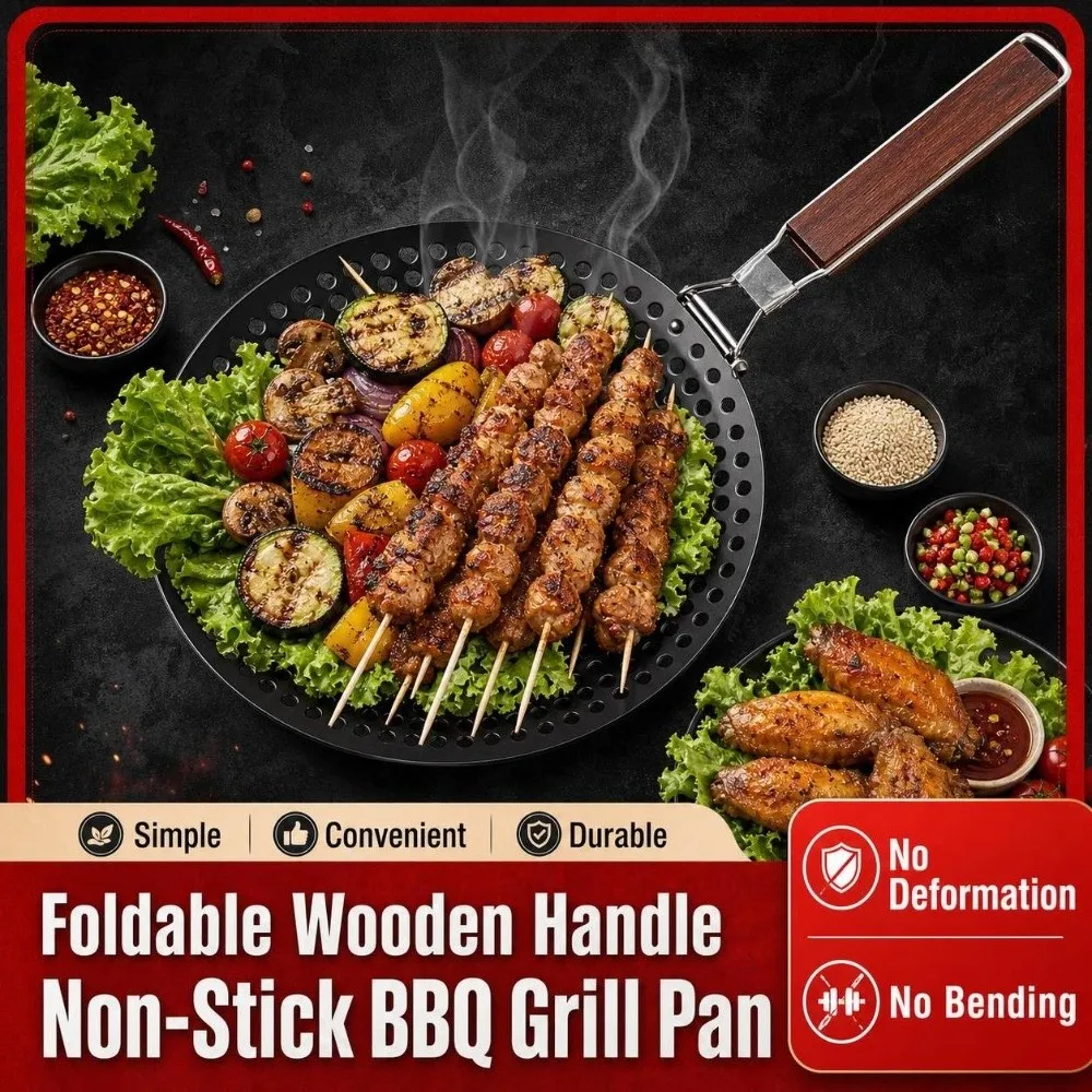 Folding Non Stick Grilling Skillet Wooden Handle Round Barbecue Plate Heat Resistant Hollow BBQ Grilling Pan Outdoor Camping