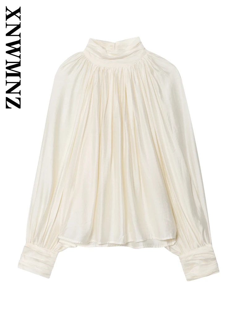 Xnwmnz 2025 outono nova senhora viajando moda manga longa gola rugas manga longa topo vintage chique mulher simples topo