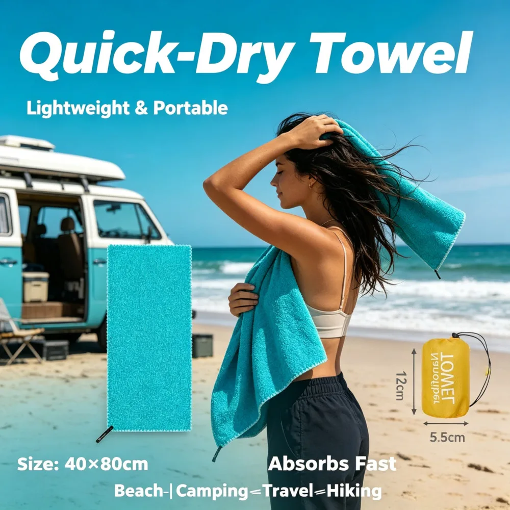 Quick Dry Sports Towel, Microfiber Gym Towel 40x80cm, Sweat Absorbent Workout Towel with Carrying Pouch, Compact Travel Towel for Gym Running Yoga Fitness Camping