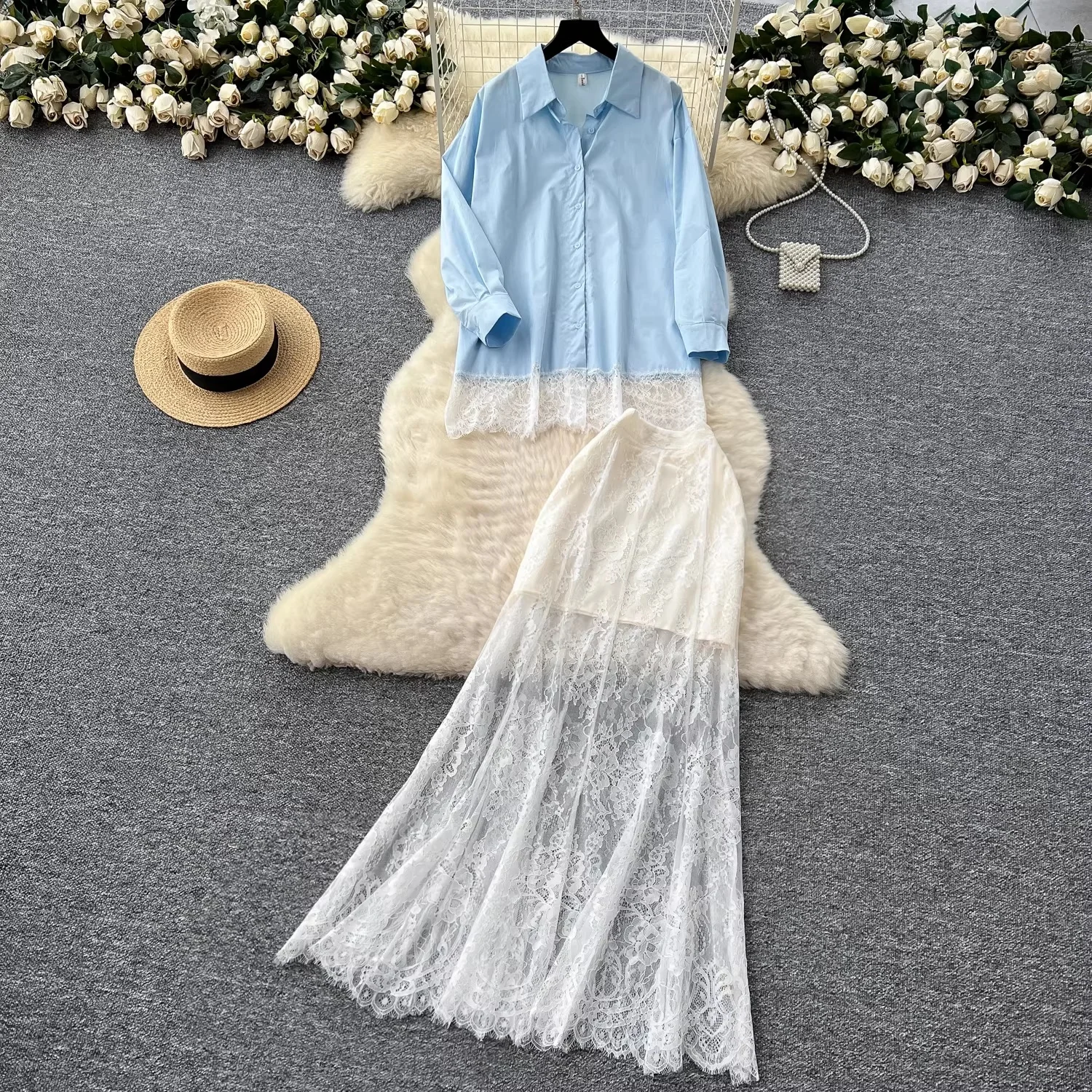 

Женский элегантный кружевной костюм Clothland, рубашка с длинными рукавами, юбка миди на молнии, женский модный комплект из двух предметов TA755