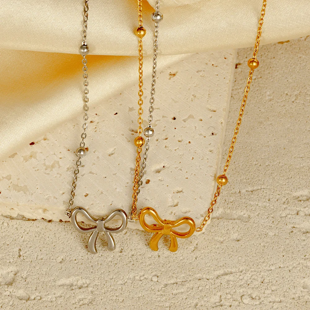 European and American fashion trend women's bow stainless steel necklace light luxury versatile high-end 18K collarbone chain