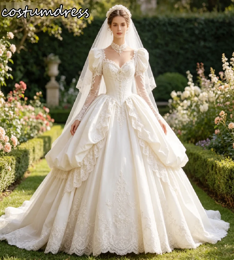 Victorian Princess 1980s Wedding Gowns Ball Gown Rococo Long Sleeve Lace Bride Dress Elegant Renaissance Medieval Basque Waist