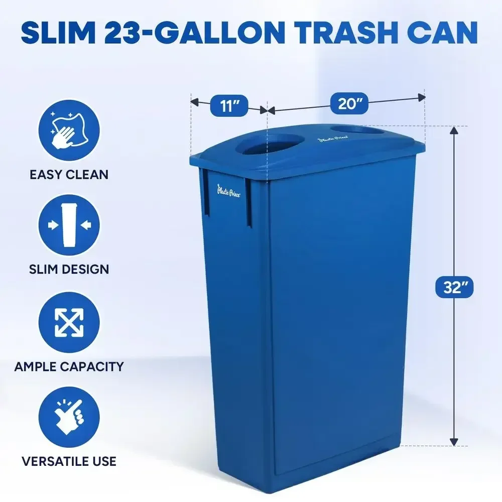 3-Pack Blue 23 Gallon Slim Trash Cans with Dual Recycling Lid for Home and Office Use
