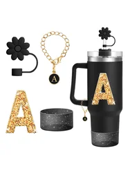 4Pcs Set for Stanley Cup Accessories,Including Initial Silicone Straw Lid, Name ID Letter,Self-adhesive Letter,Cup Sleeve(Black)