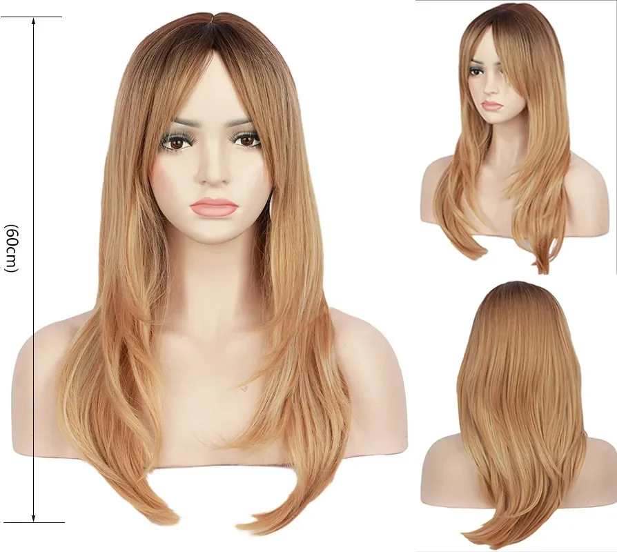 Peruca parte média marrom longa mista para mulheres, cabelo Cosplay, Ombre ondulado, novo, 60cm