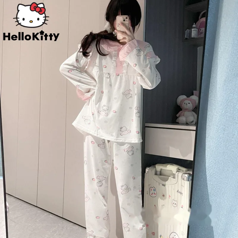 Sanrio Hello Kitty New Y2k Sweet Girl Pajamas Spring Autumn Niche Pure Cotton Sleepwear Japanese Style Cartoon Printed Home Wear