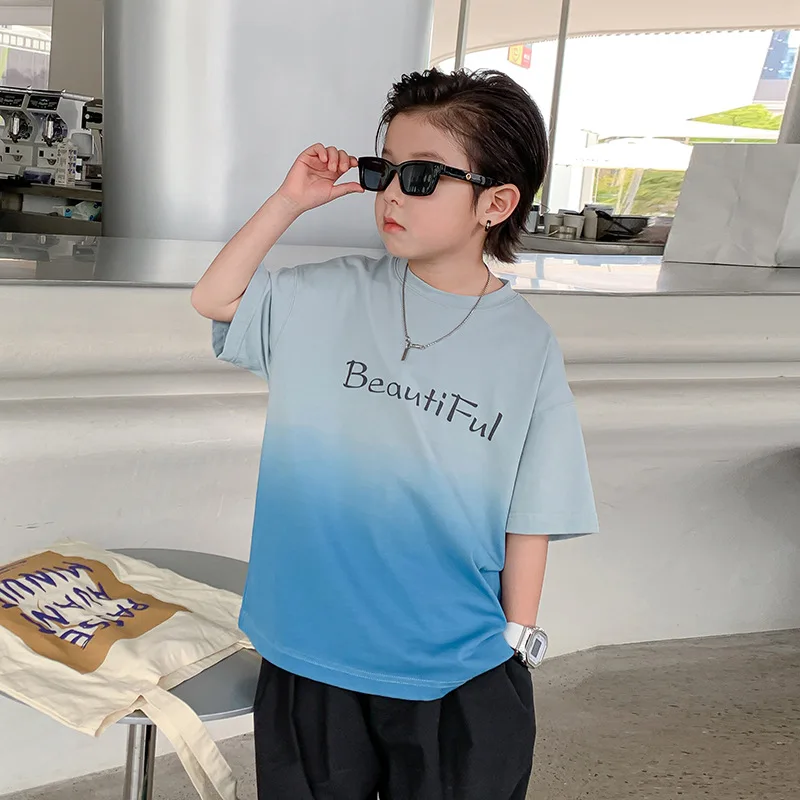 

Fashion Brand Loose Gradient Half SleeveTT-shirt Children's Cotton Clothes Summer2024New Boys' Short Sleeve Middle and Big Child