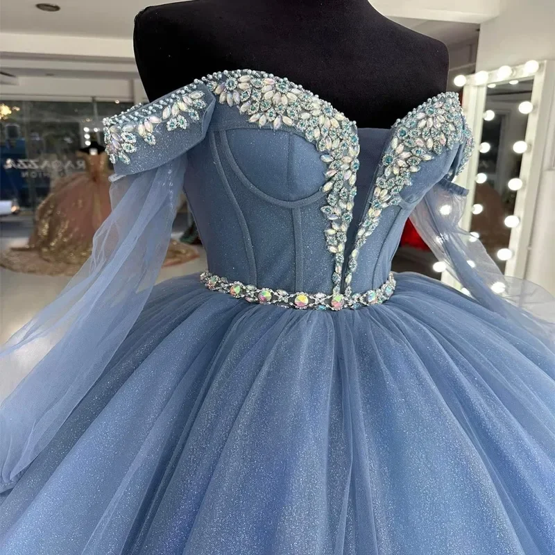 Customized Real Picture Grey Blue Quinceanera Dresses Crystal Applique  Sweet 16 Dress Prom Gown Lace Up vestidos de 15 anos