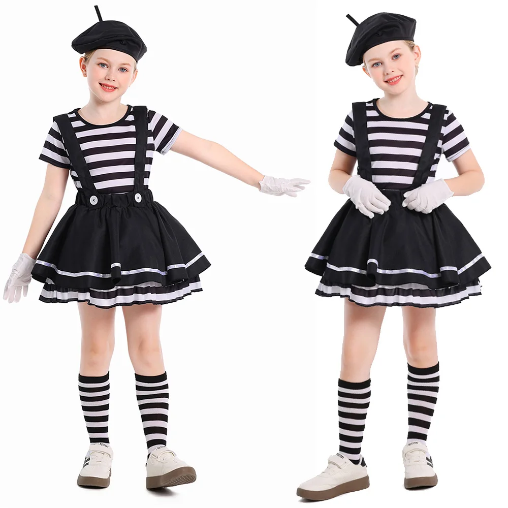 Funny Clown Cosplay Fantasy Girls Clothing Black White Striped Stage Costume Disguise Teen 6 to 14 Years Roleplay Party Outfits