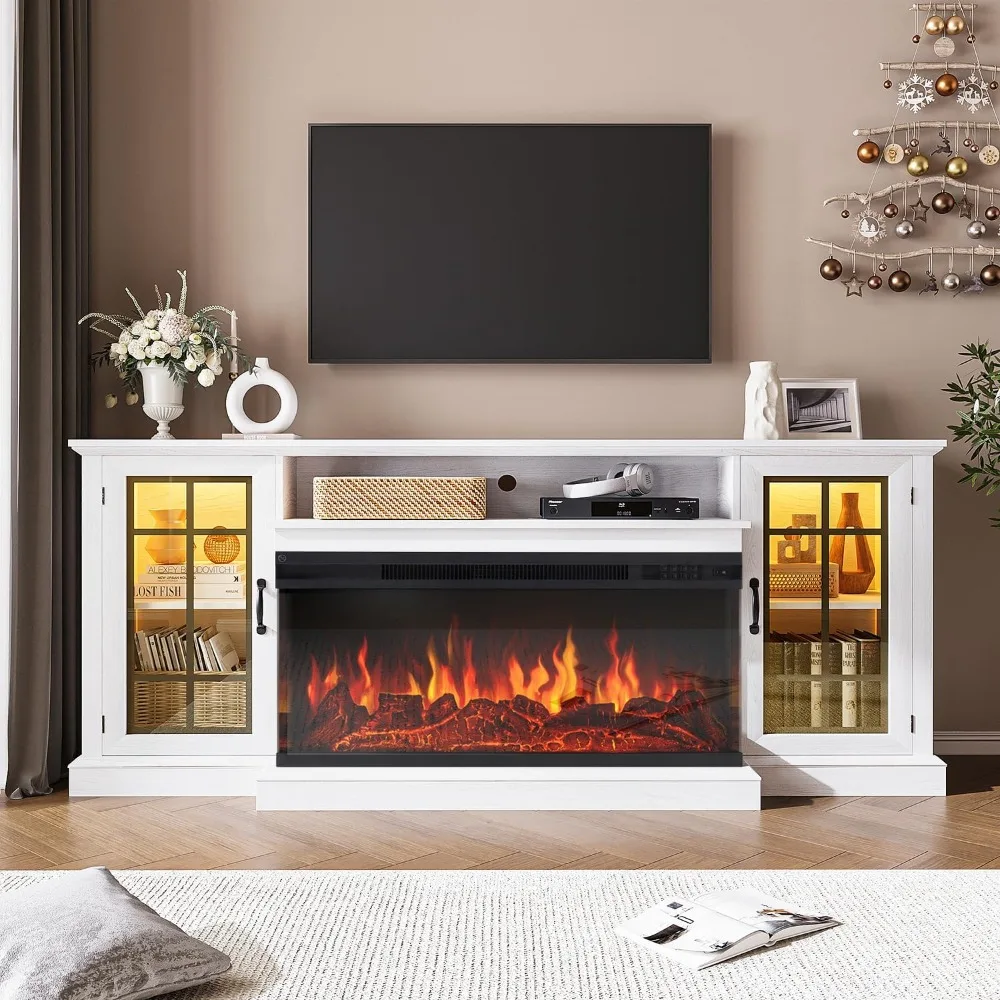 70 Inch TV Stand, 3-Sided Glass TVs Stands with 36 Inch Fireplace for TVs up to 80