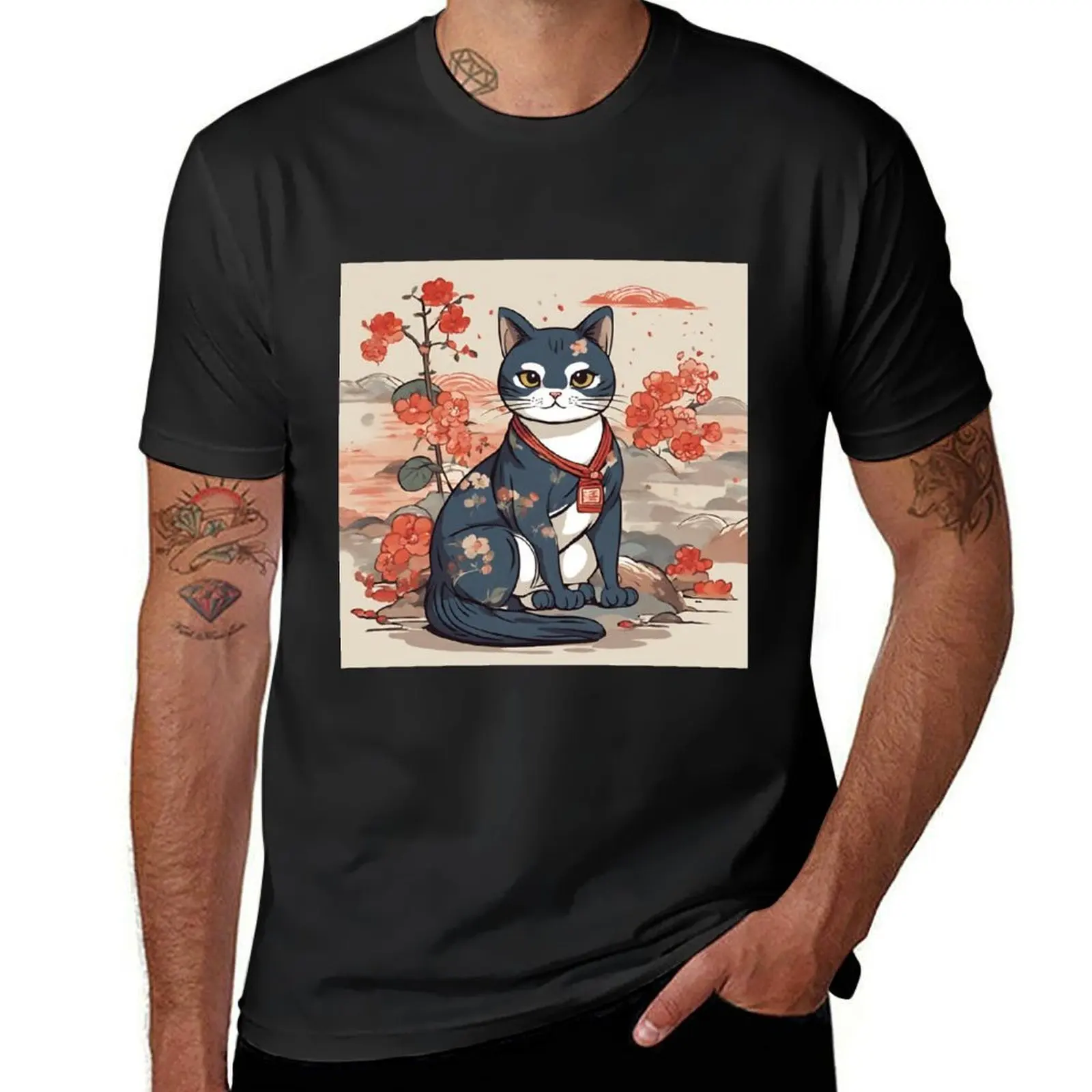 black cat in japanese style art T-Shirt animal prinfor boys for a boy anime mens graphic t-shirts pack